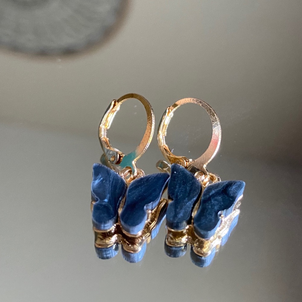 Butterfly Drop Earrings Gold and Black - Picture 2 of 4